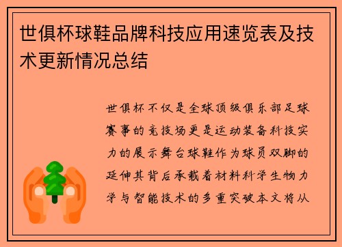 世俱杯球鞋品牌科技应用速览表及技术更新情况总结