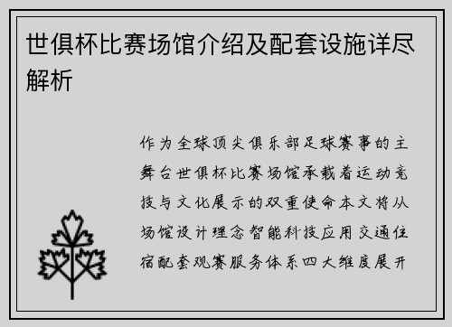 世俱杯比赛场馆介绍及配套设施详尽解析
